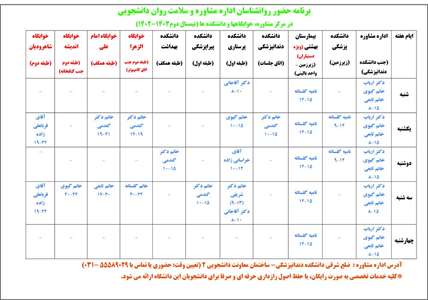 برنامه حضور روان شناسان در مرکز مشاوره، دانشکده ها و خوابگاه های دانشجویی، نیم سال دوم ۱۴۰۲- ۱۴۰۳ 